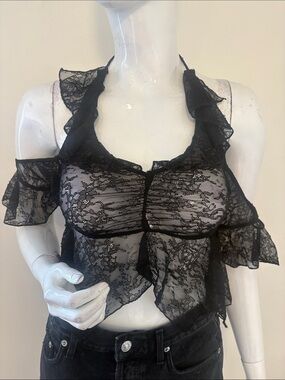 Dolls Kill Brand Current Mood Black Sheer Lace Ruffle Halter Backless Crop Top
